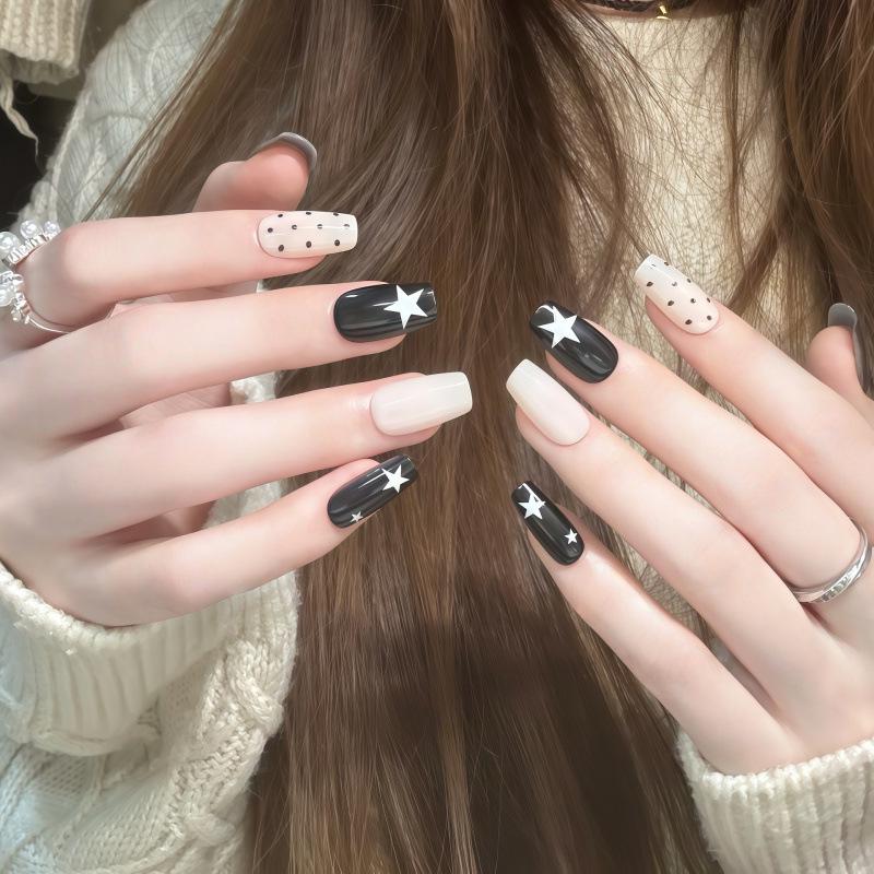 Detachable Milky White Manicure: Black & White Stars Short Soft Nail Stickers