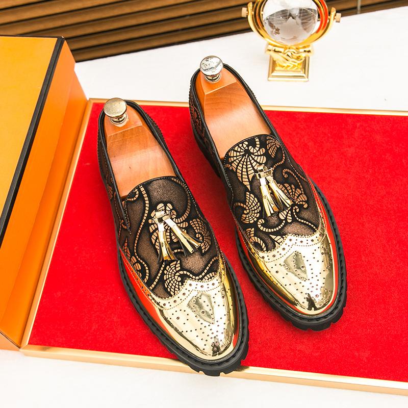 Brock Printed Fringed Pointed Leather Shoes Men's Size 38-46, Gold Casual Small Leather Shoes Formal Foot Cover Youth