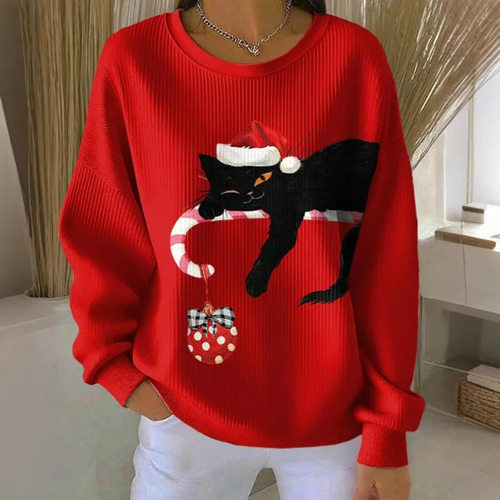 

Женский свободный удобный повседневный и модный свитшот с круглым вырезом и узором с длинными рукавами M красный