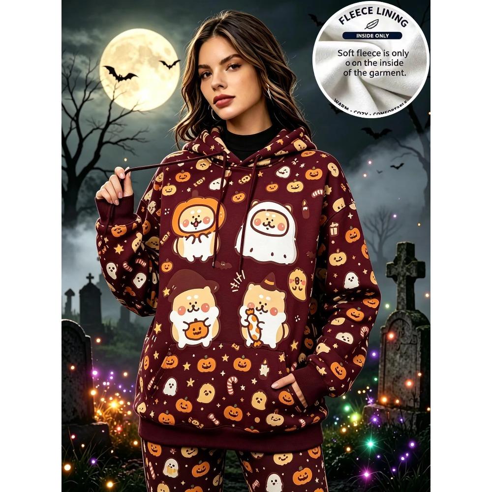 Women Halloween Fleece Hoodie Cute Cartoon Dog Pumpkin Ghost Print Long Sleeve Pullover Hooded Sweatshirt Casual Warm Top