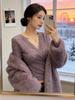 Women's Pure Desire Slim Fit Purple Cross Charm Lace Top with Velvet - Long Sleeve for Autumn & Winter