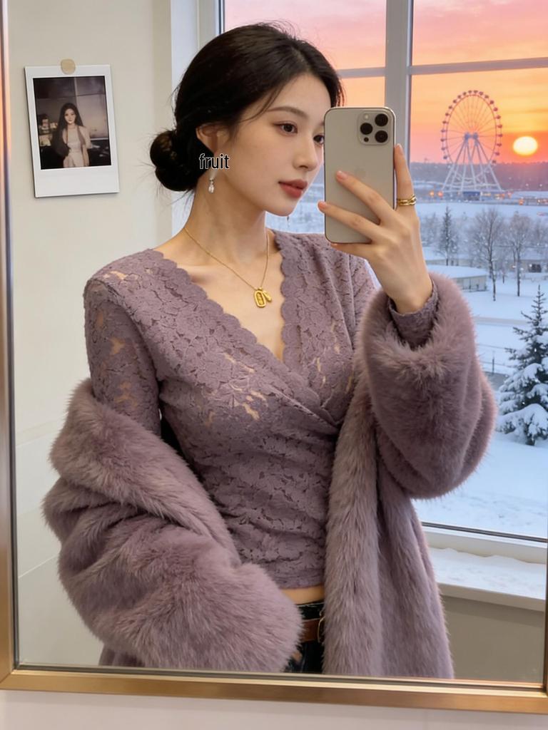 Women's Pure Desire Slim Fit Purple Cross Charm Lace Top with Velvet - Long Sleeve for Autumn & Winter