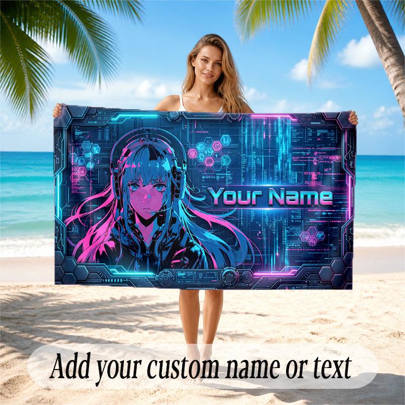 City Cyberpunk Theme Soft Beach Towel Personalized Custom Name Text Towel Portable for Beach Pool Travel