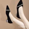 Low-heeled rhinestone pointed work women's shoes elegant thick-heeled light-mouth single shoes women's grinding suede ladyshoes black work shoes