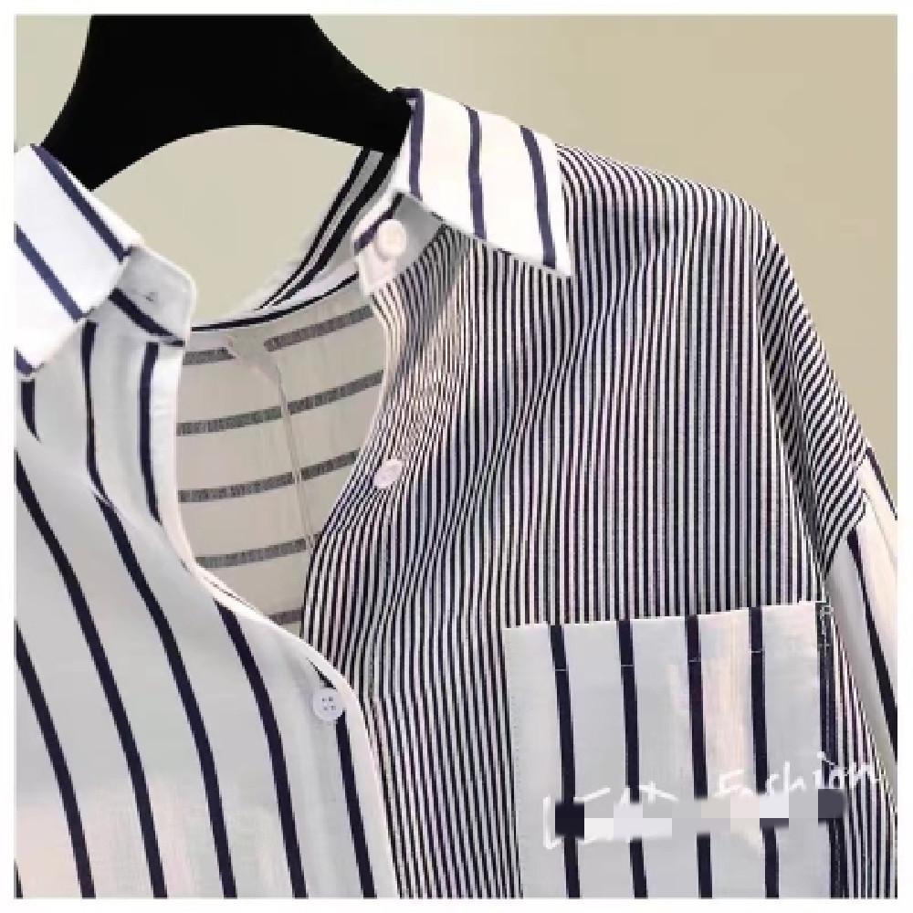 Single Pocket Color Blocking Vertical Striped Shirt Female Spring Literary Loose Casual Shirt Blouse Tide Vintage Basic Office Casual Women Shirt