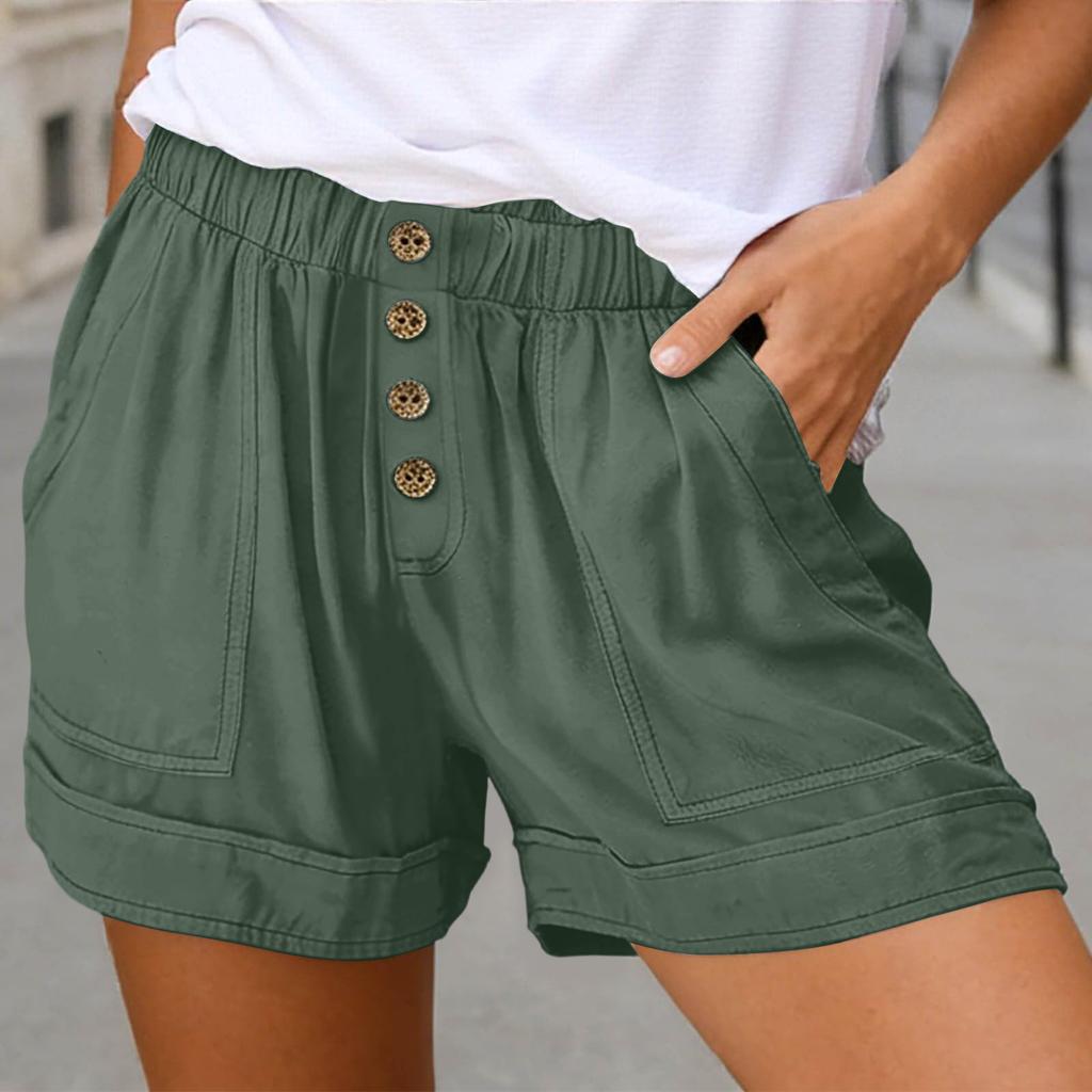 Damen Farbe Lässige Shorts Hohe Taille Mit Knöpfen Taschen Locker Weites Bein Hosen