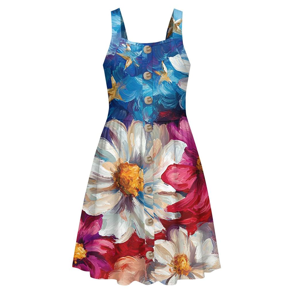 Children's Button-Down, Cuffless Pocket Casual Print Lndependence Day Sundress