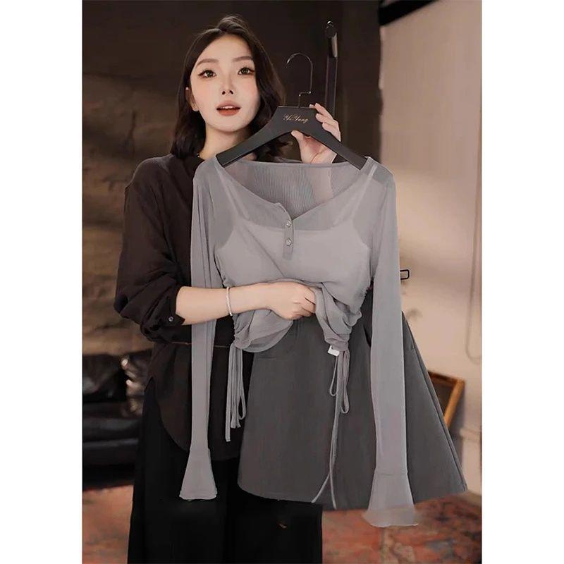 Elegant Grey Three-Piece Autumn Set: Chic Cover-Up, Camisole, and Half-Skirt for Women M