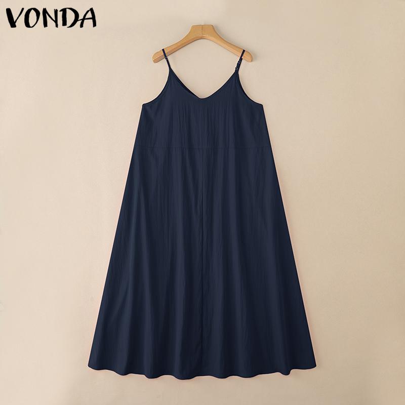

VONDA Женское повседневное платье на бретелях без рукавов с оборками, мешковатое, повседневное, расклешенное, длинное 5XL тёмно-синий