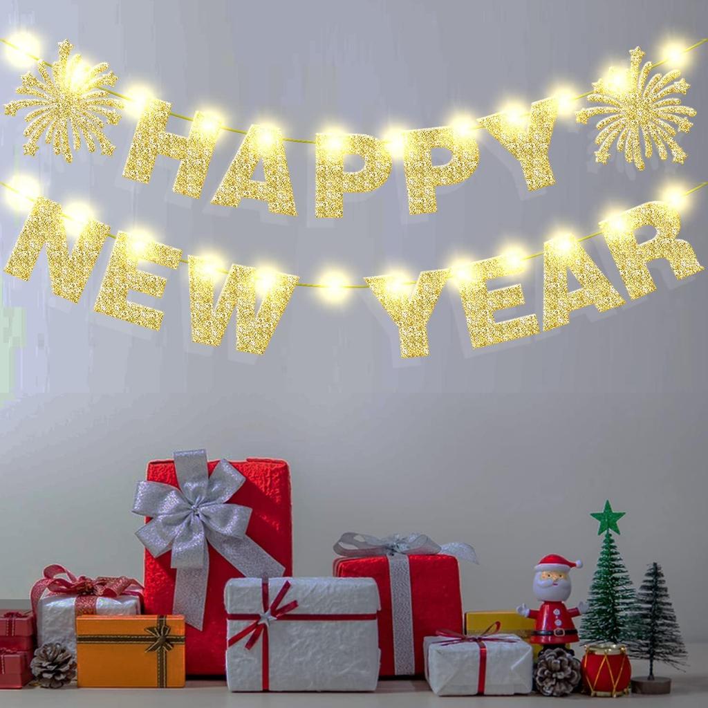 Light Up Happy New Year Banner Gold Glitter for New Years Eve Party Decorations Happy NYE Party Home Office Decorations Supplies