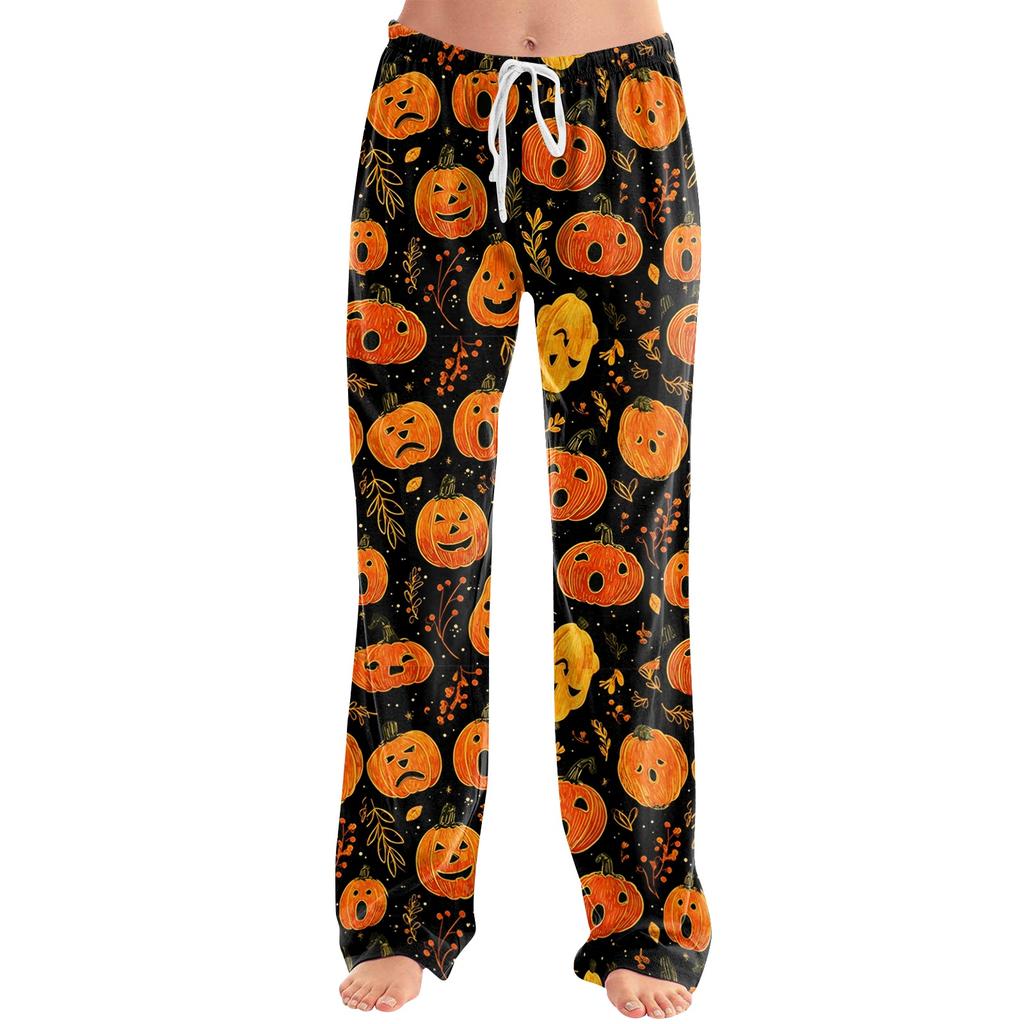 Damen Halloween Print Kordelzug Hose Lässige Lounge Hose Elastische Taille Entspannte Passform Volle Länge Weicher Stoff