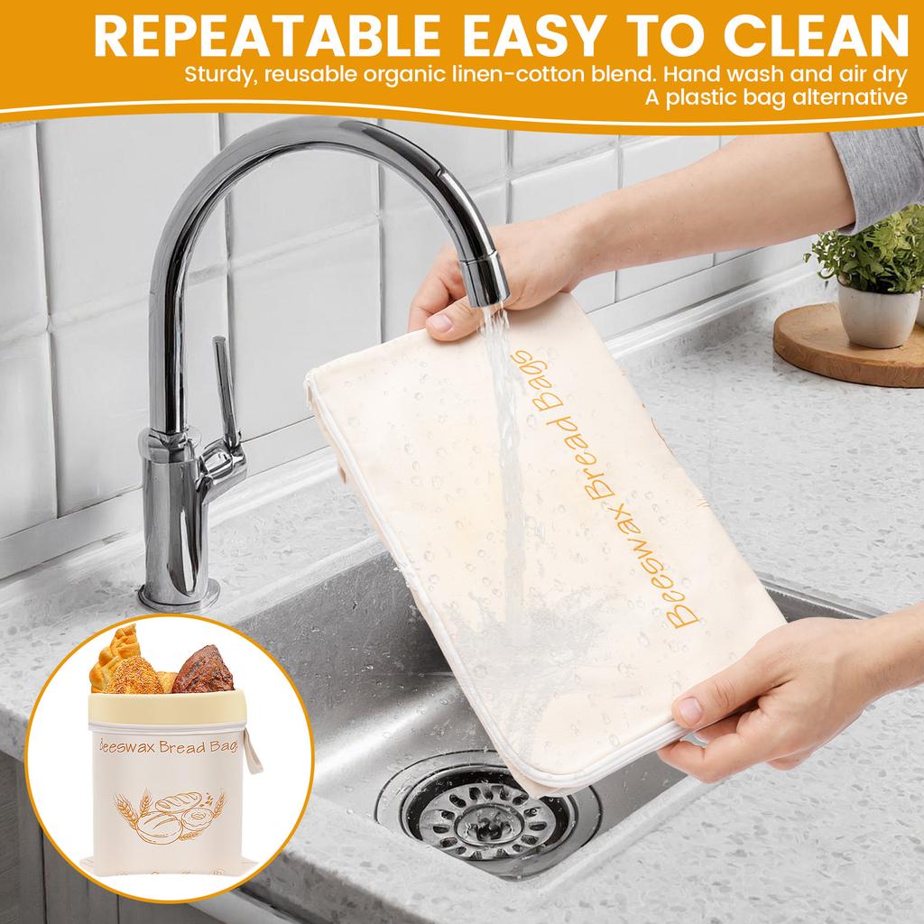 2Pcs Beeswax Bread Bag with L Shaped Zipper Large Capacity Food Storage Bag Cotton Fabric Reusable Kitchen Organizer