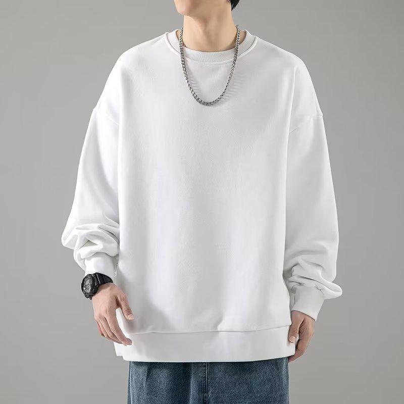 Men's 320g Heavyweight Round Neck Loose Pullover Hoodie - Autumn Long Sleeve Solid Color Outerwear.