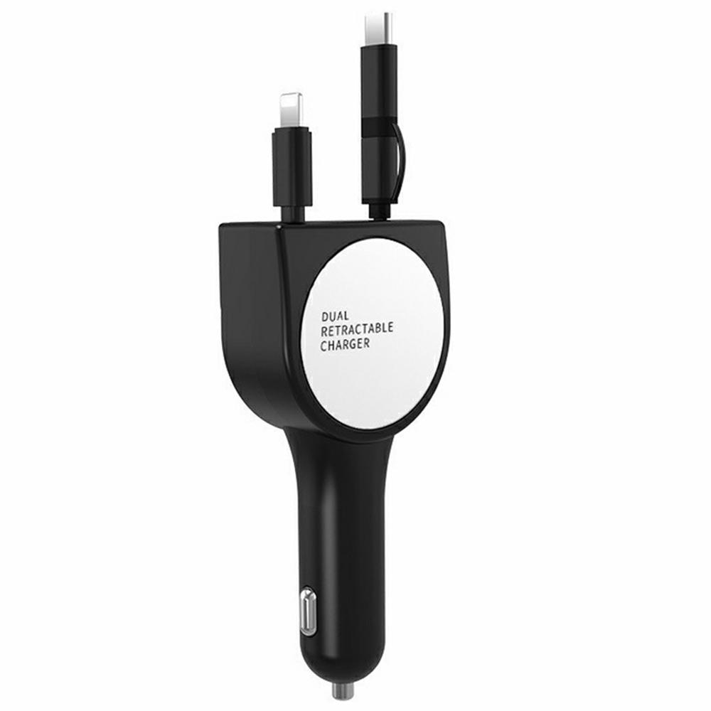 

PT-3 Fast Charging Car Charger Built-In Retractable Cable Smart Multi-Function 3-in-1 Auto Adapter A
