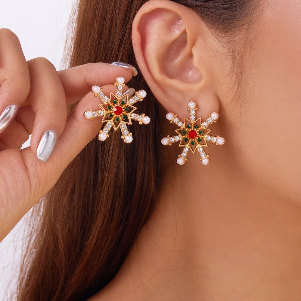Pearl Christmas Stud Earrings Multicolor Xmas Dangle Earrings Sweet Snowflake Earrings  Holiday