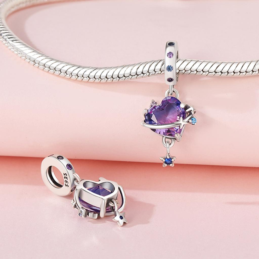 Authentic copper Charm Bead Charms Luxury Purple Heart Planet Pendant Bead Charms Compatible With Bracelets Diy Women Making Delicate Gift