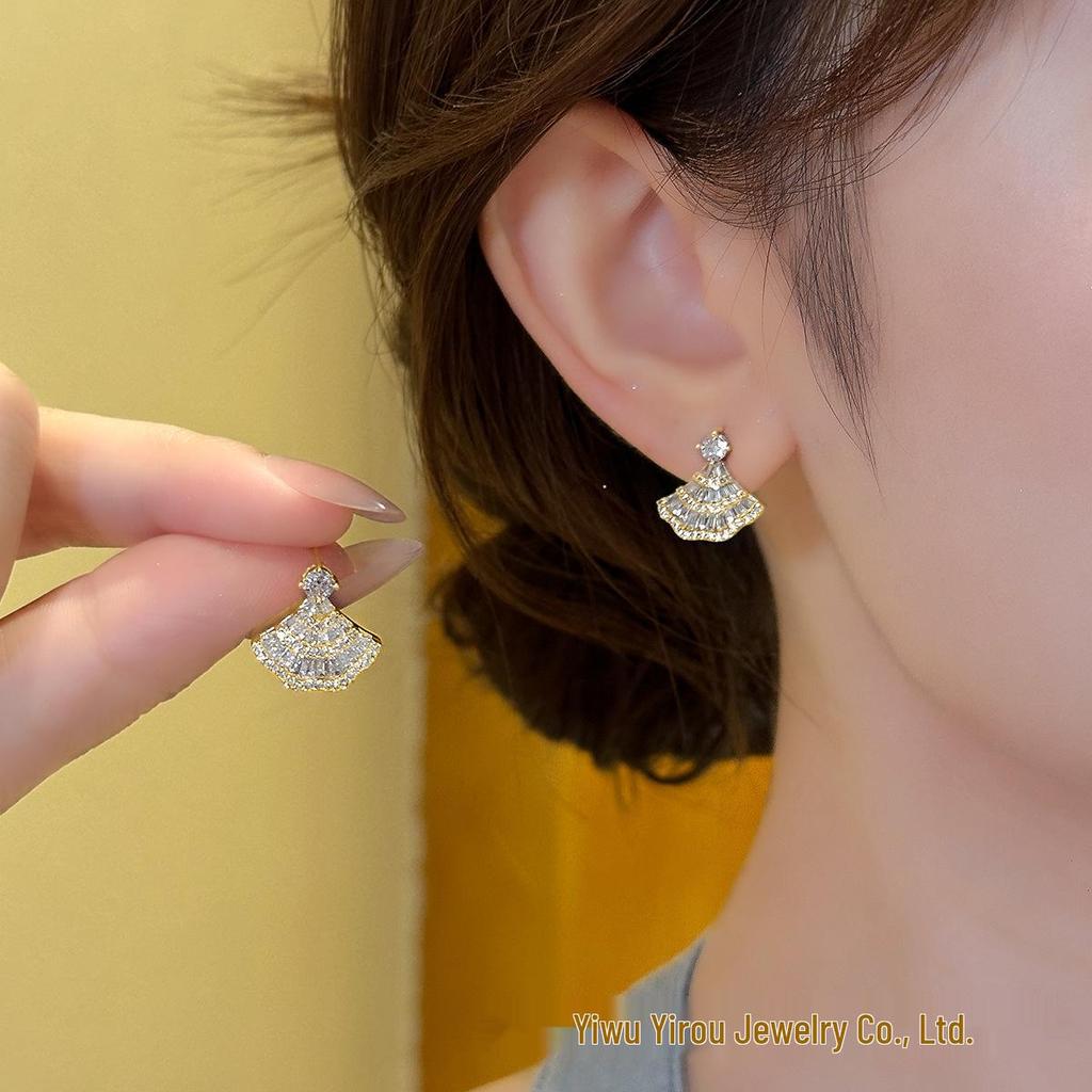 Elegant Fan-Shaped Zircon Stud Earrings - Versatile, Fashionable, Super Shiny S925 Silver for Women