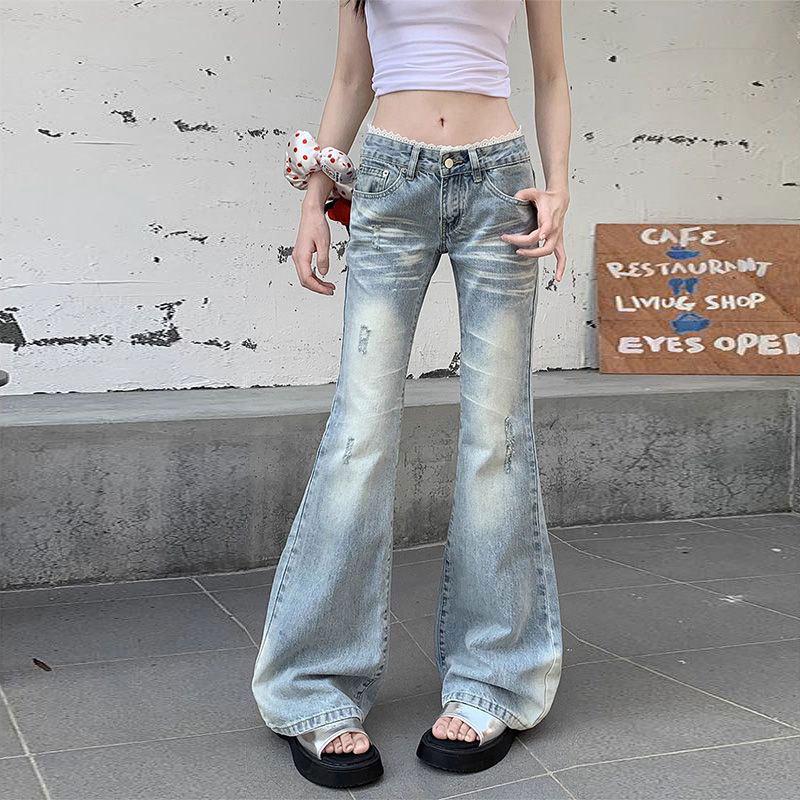 Retro Lace-Trim Low-Rise Flare Jeans - Light Blue Distressed Bell-Bottoms S
