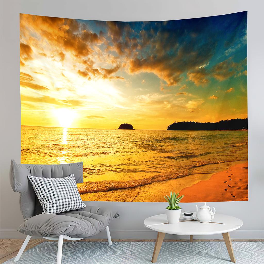 Sunset Beach Tapestry Ocean Waves Tapestry Golden Sky Tapestry Home Living Room Bedroom Dorm Wall Hanging Decorative Blanket