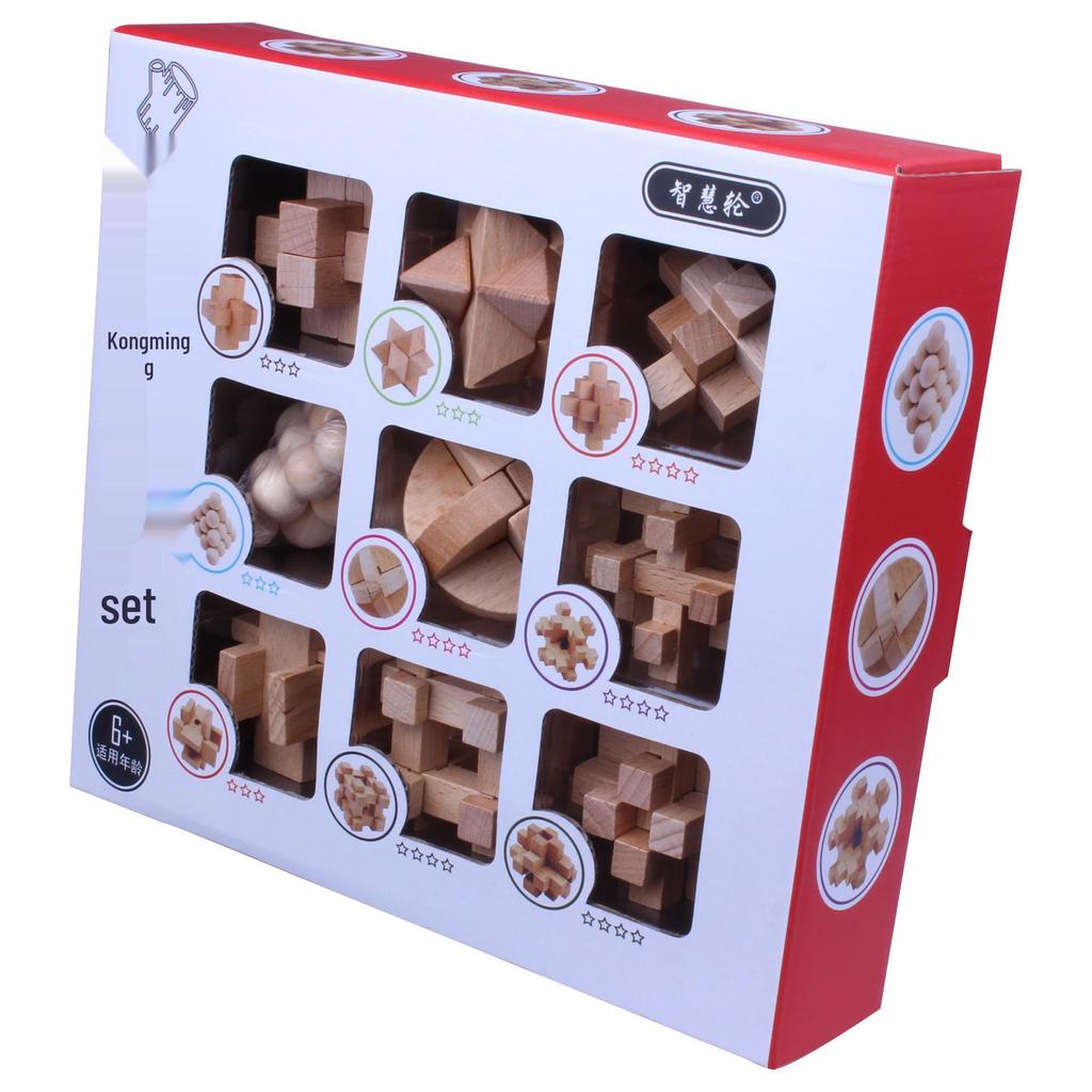 Wooden Kongming Lock 9-Piece Set: Educational Luban Puzzle Toys for Kids and Students