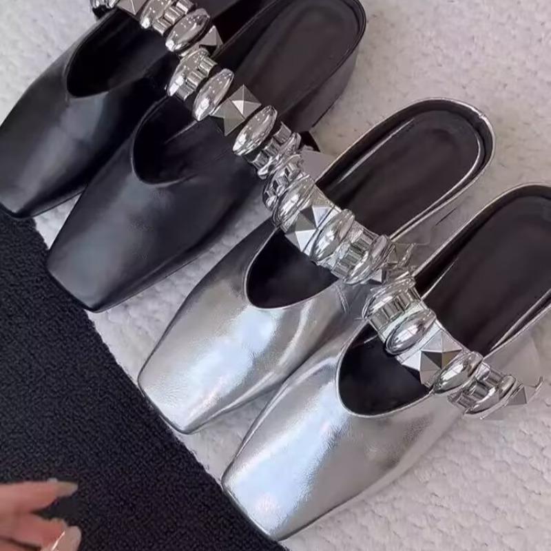 Fashion Wedge Cool Mopping Summer New Square-toe Shallow-mouth Metal Buckle One-band Non-slip Wear-resistant Kitten Heel Shoes