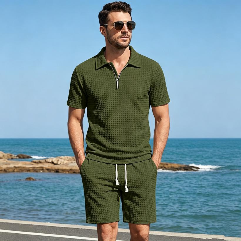 Men's Summer American Style Small Checkered Casual Set, Loose and Breathable Short Sleeve Top and Shorts Two-Piece Outfit