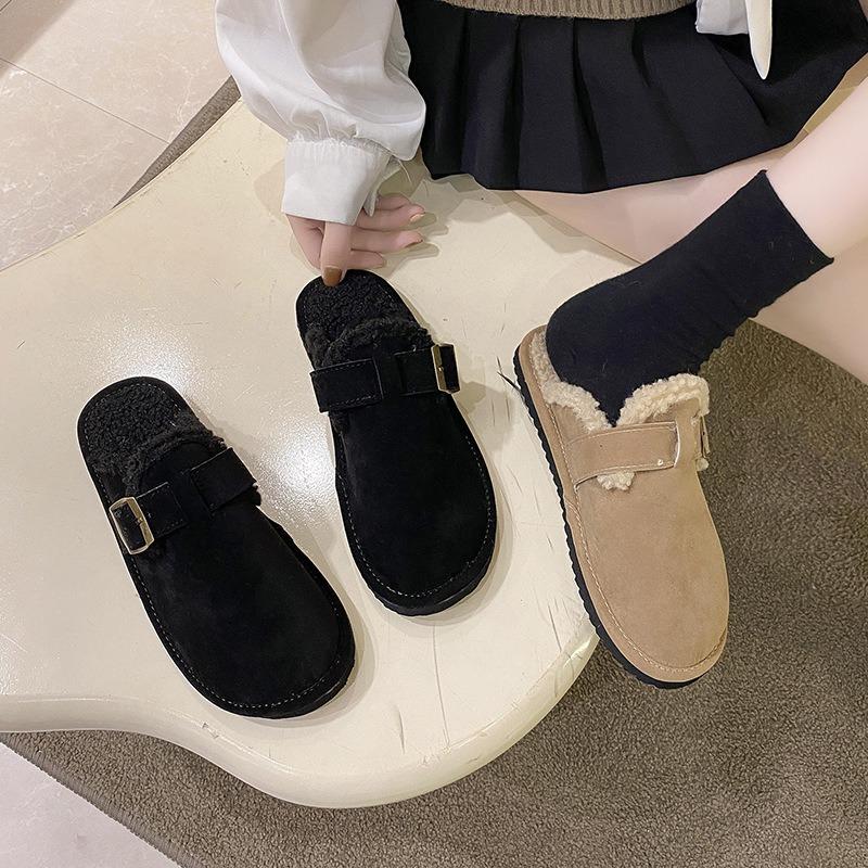 Baotou Half Slippers Women's New Autumn and Winter Round Head Flat-bottomed Piled Thermal Casual Fluffy Slippers