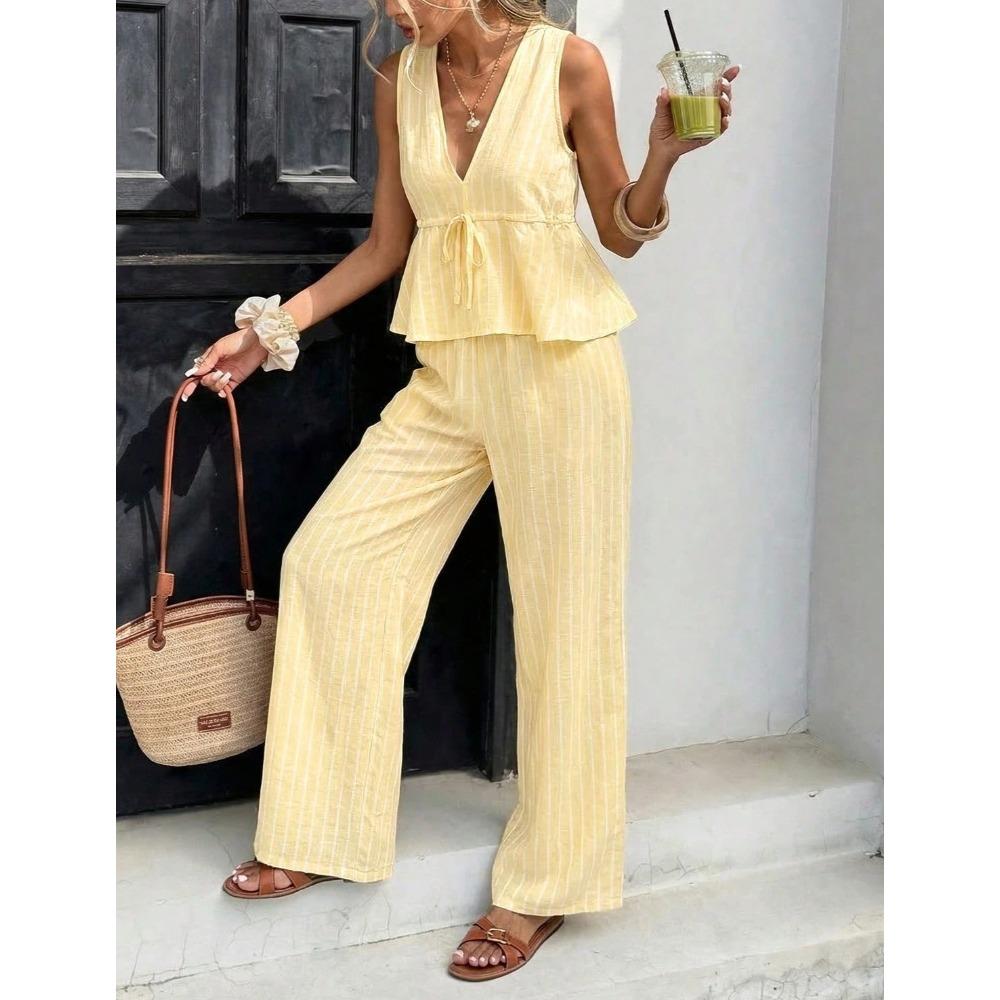 Ensemble 2 pièces élégant : Haut rayé sans manches à encolure en V et Pantalon large taille haute, Tenue décontractée d'été pour les vacances