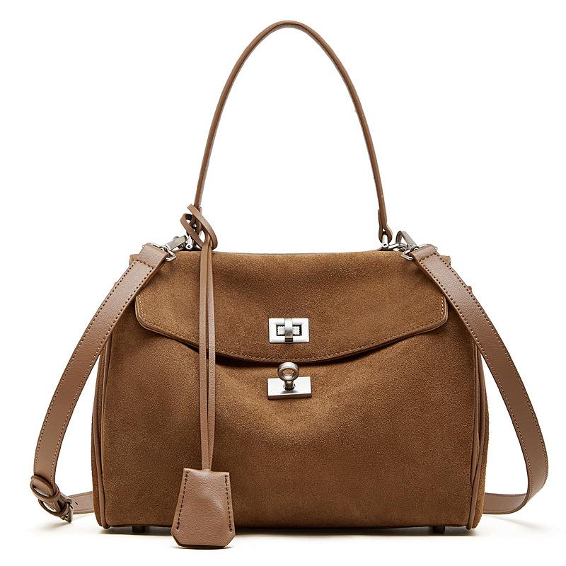 Light Luxury Imported Soft Suede Tote Bag Lazy Style Large Capacity Matte Leather Lock Kelly Bag Women's Crossbody Shoulder Bag