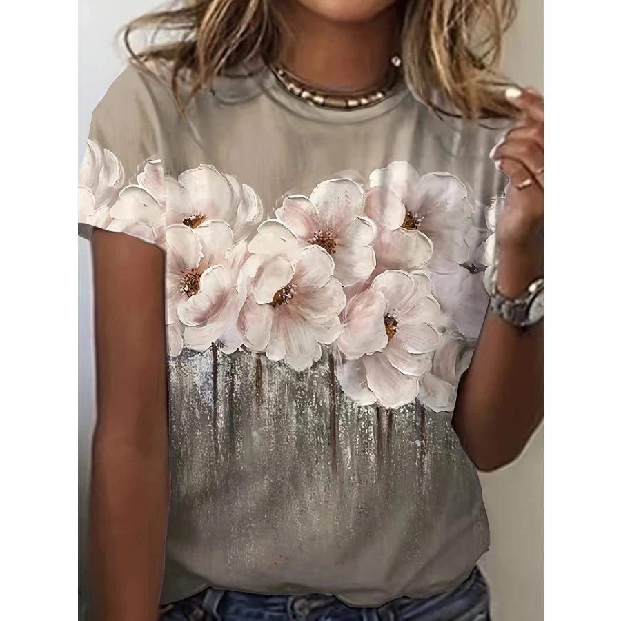 

Футболка з квітковим 3D-друком Літній жіночий одяг Топи з круглим вирізом Повсякденні футболки з короткими рукавами 3XL