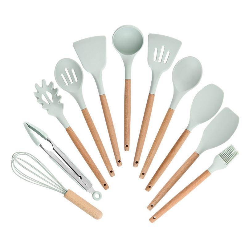 1 Pcs Silicone Kitchenware Set with Wooden Handle 12 Piece Non Stick Spatula and Spoon Kitchenware Set