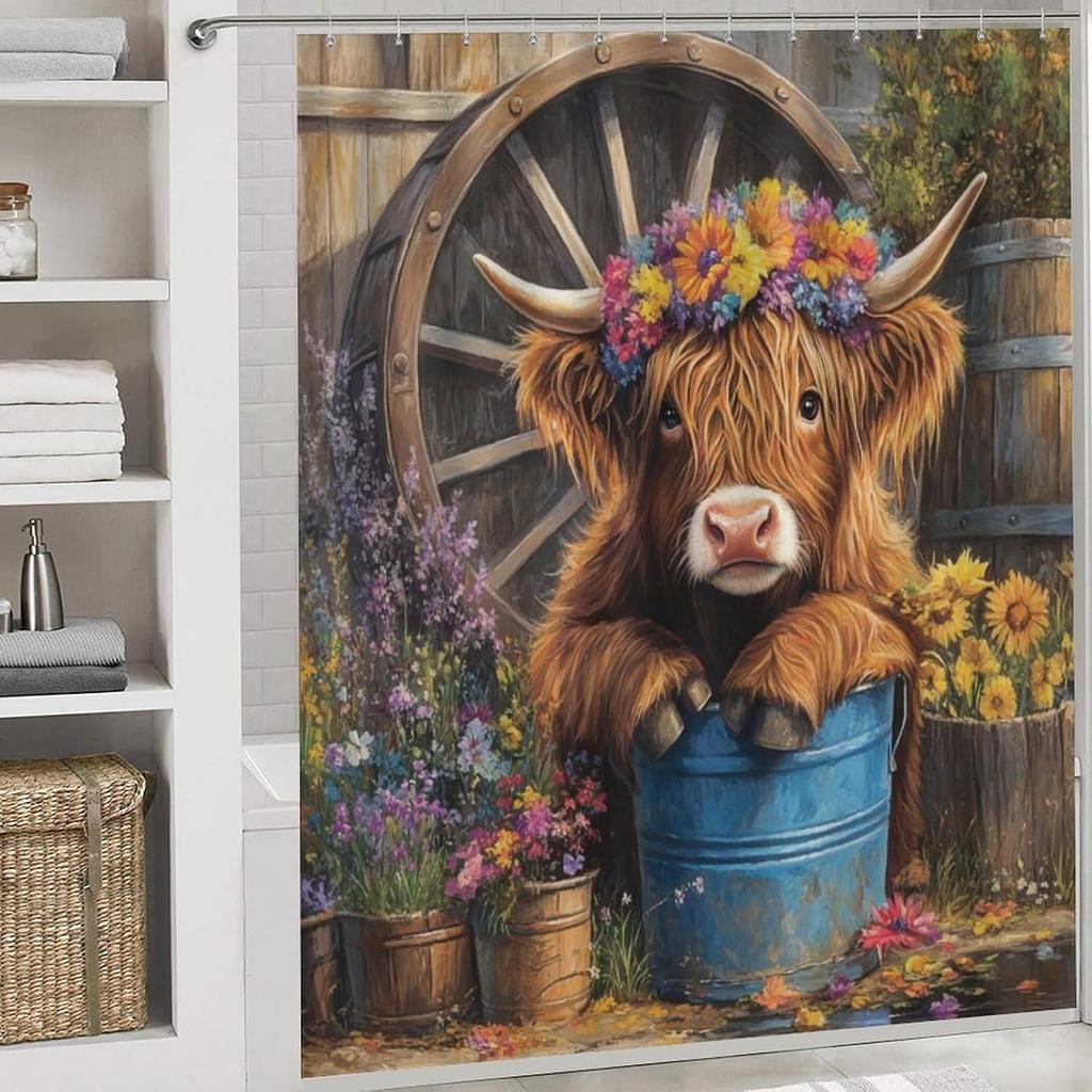 Modern Highland Cow Shower Curtains With Rugs Toilet Lid Cover And Bath Mat For Bathroom,Home Tub Curtains Sets With Rugs Farmho