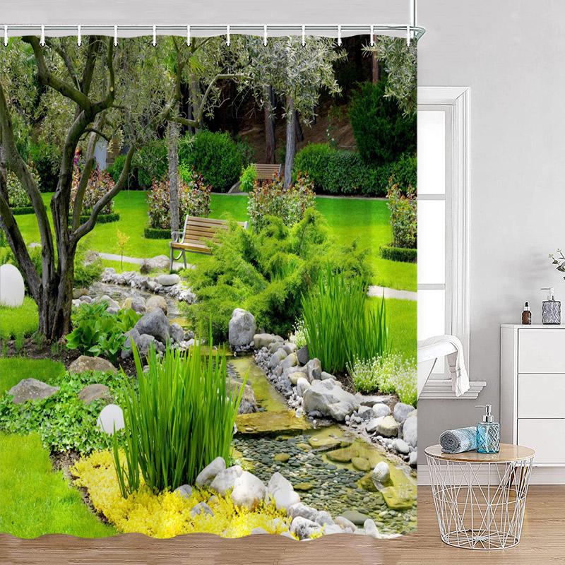 Hand-painted Street View Shower Curtains European Garden Cafe Green Plants Flowers Greenery Bathroom Decor Modern Bath Curtain
