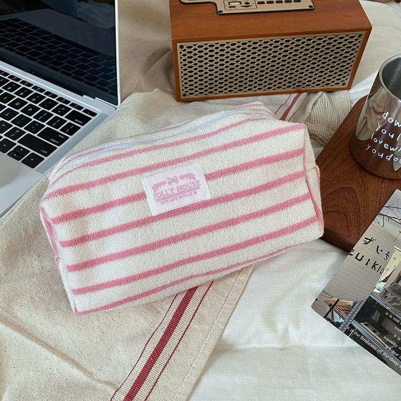 

1 шт. Женский портативный ручной кейс для макияжа большой вместимости, дорожные сумки, простая полосатая холщовая косметичка для женщин розовый