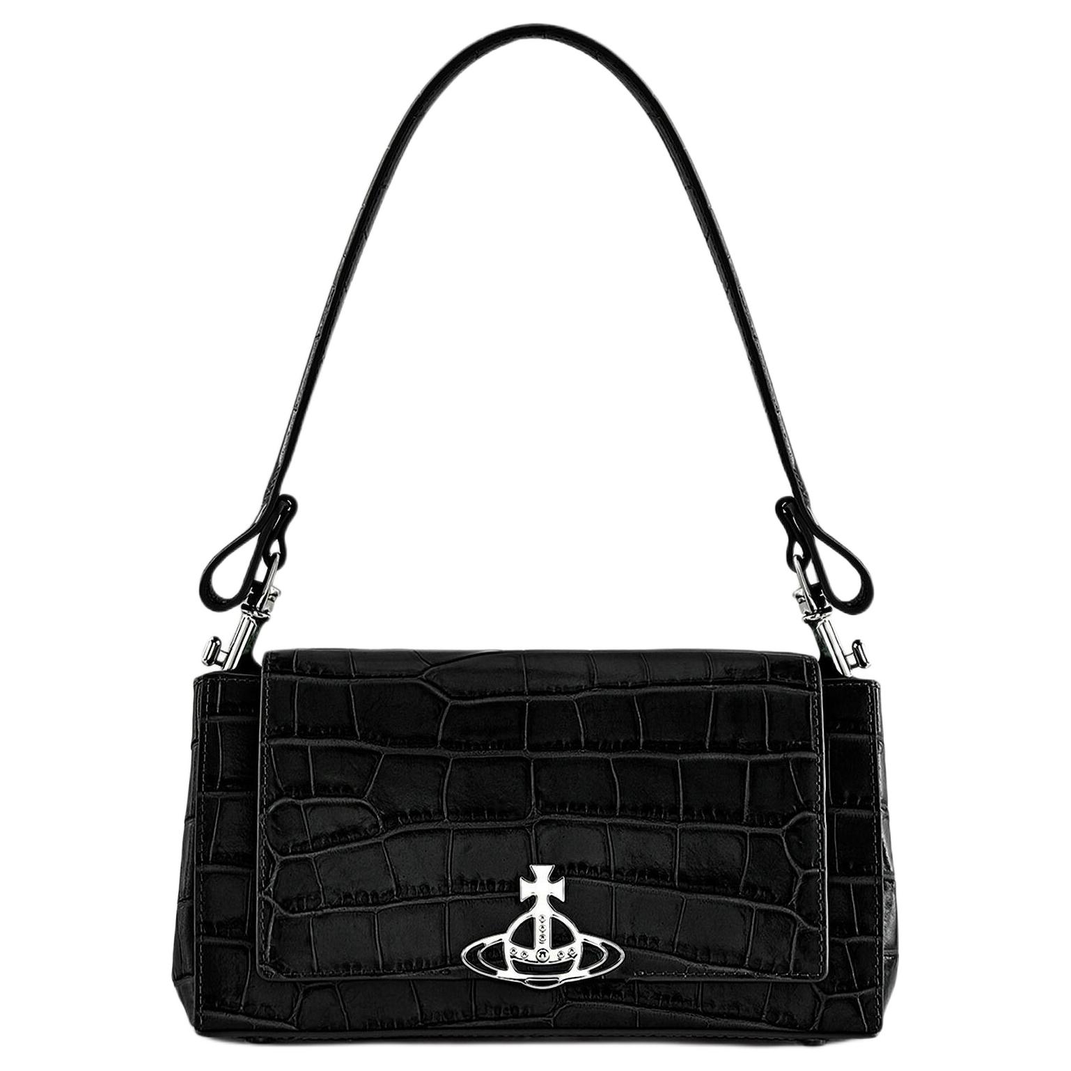 

VIVIENNE WESTWOOD Hazel Magnetic Flap Crocodile Embossed Leather Underarm Bag Baguette Shoulder Tote Women Bags Black 42020005L001HN401 Basic Set (Bag+Dust Bag)