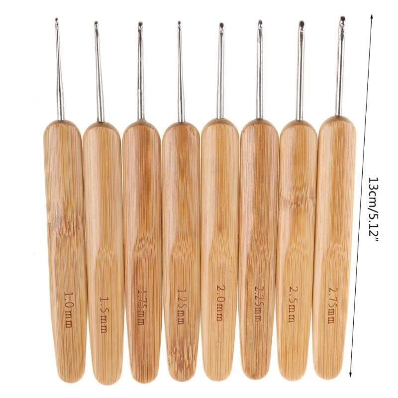 New Bamboo Handled Metal Crochet Hooks 8 Pcs 8 Sizes Needles Weave Craft
