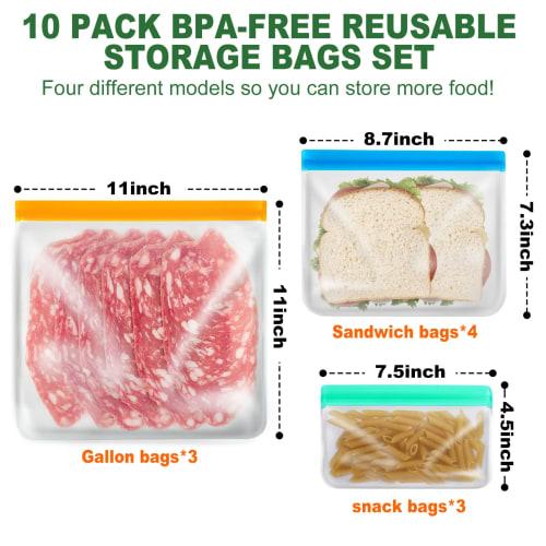 10 Pack Reusable Ziplock Bags Silicone Bags, 3 Large Food Storage Bags Gallon Freezer Bags 4 Reusable Sandwich Bags Zip Lock 3 Snack Bags, Lunch Home