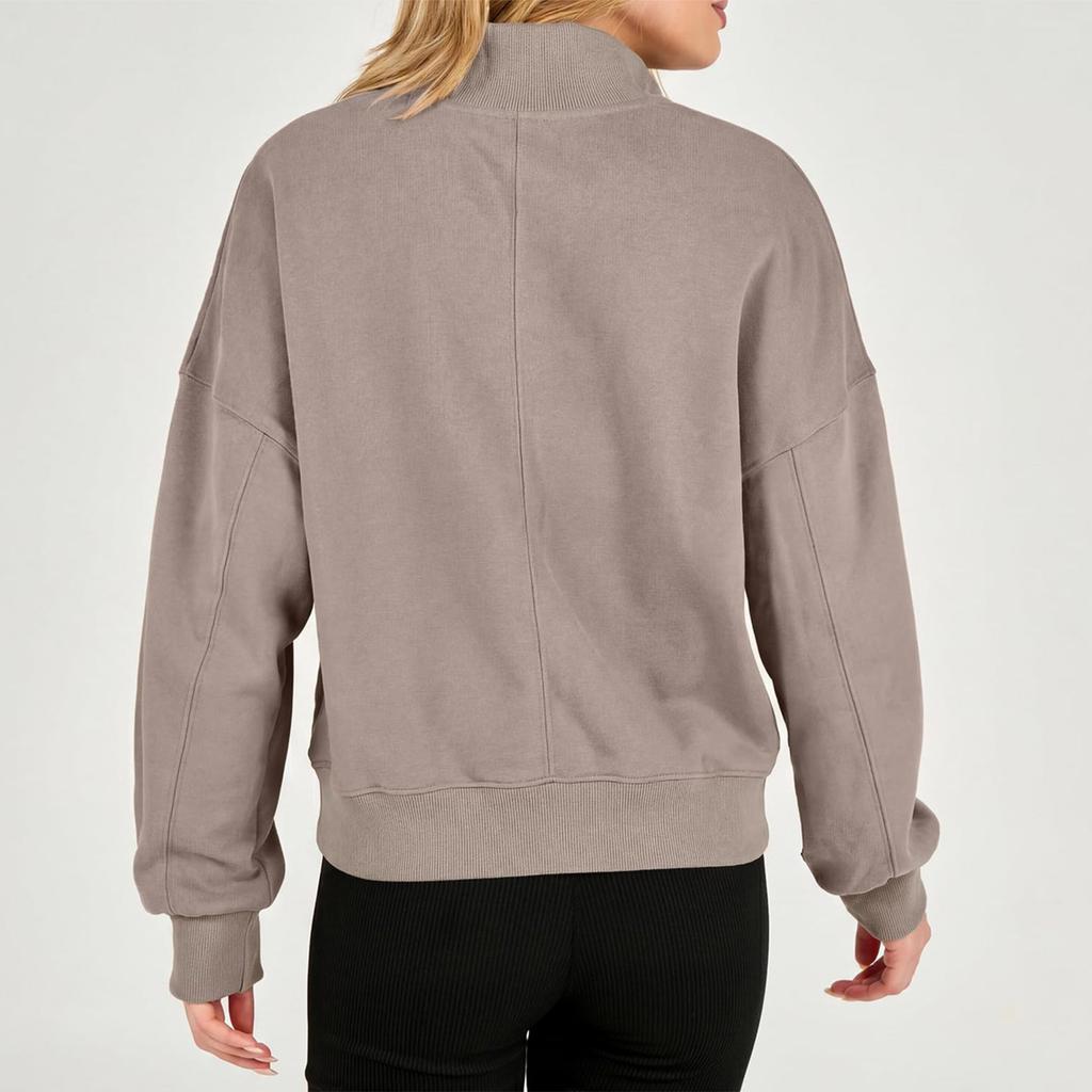 Women's Color Loose Fit Half Zip Button Long Sleeve Sweatshirt Top