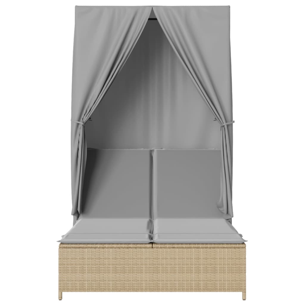 Double Sun Lounger with Canopy and Curtains Beige Poly Rattan