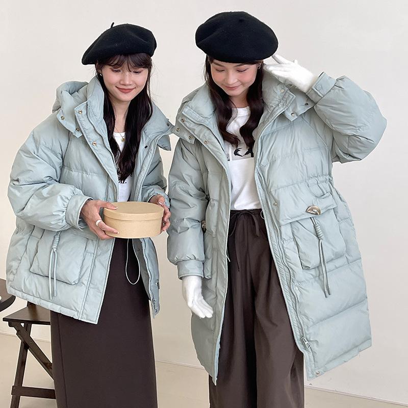 

Crescent button short down jacket women s 2025 winter new hooded thickened waist thin white duck down warm jacket S