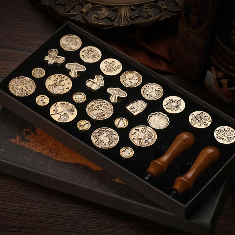 Wax Seal Stamp Gift Box Set 26 Letters Sealing Wax Stamps with 2pcs Wooden Handles Wax Stamp Kits for Cards Envelopes