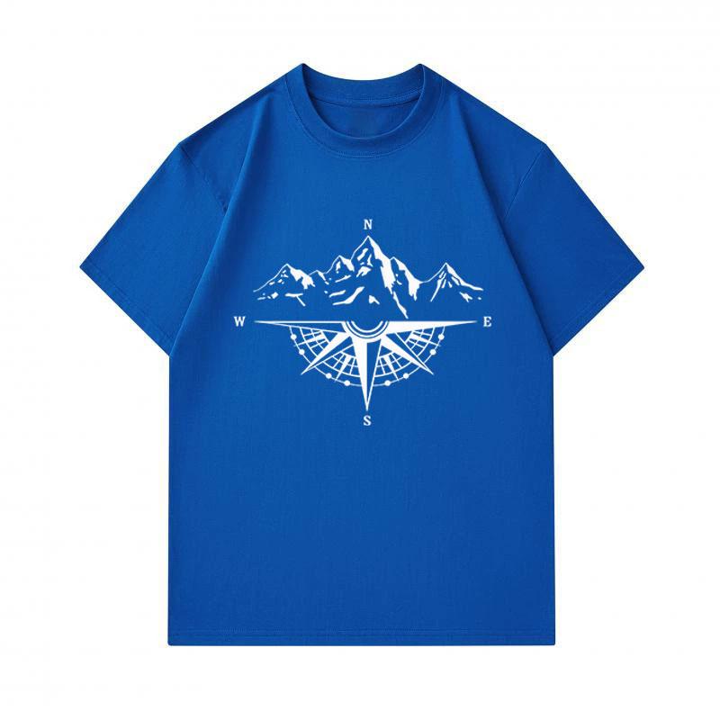 Men's 100% Cotton Crew Neck Short Sleeve T-Shirt, Mountain Compass Navigation Pattern Casual Breathable Tees for Outdoor Hiking Adventure Daily Wear