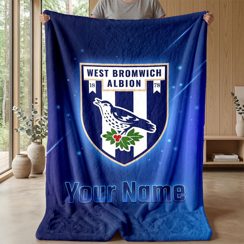 West Bromwich Albion FC Custom Name Text Flannel Blanket Soccer Logo Personalized Fleece Throw Blanket Special Gift For Sofa Bedroom Home
