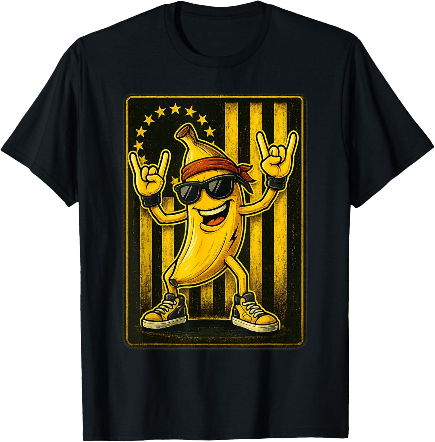 

Cool Banana Rocking Graphic Tees Retro American Flag Banana T Shirt 5XL різнокольоровий