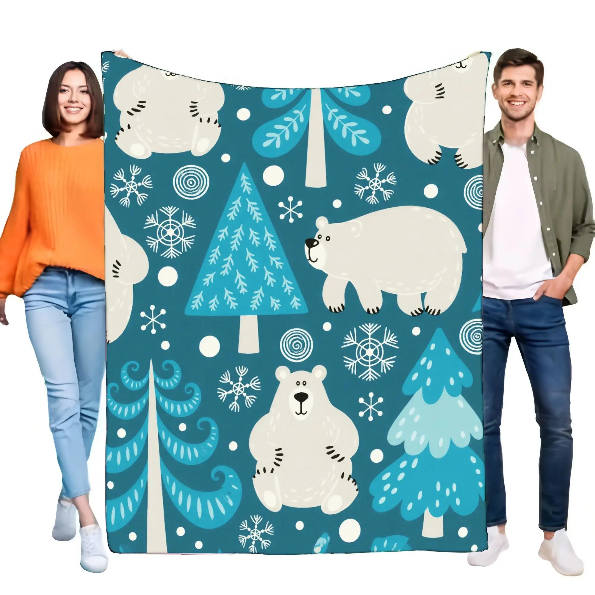 Cozy Polar Bear Fleece Blanket Soft Warm Throw for Bed Sofa Winter Decor Gift Kids Adults Cute Bear Pattern 100cm x 150cm