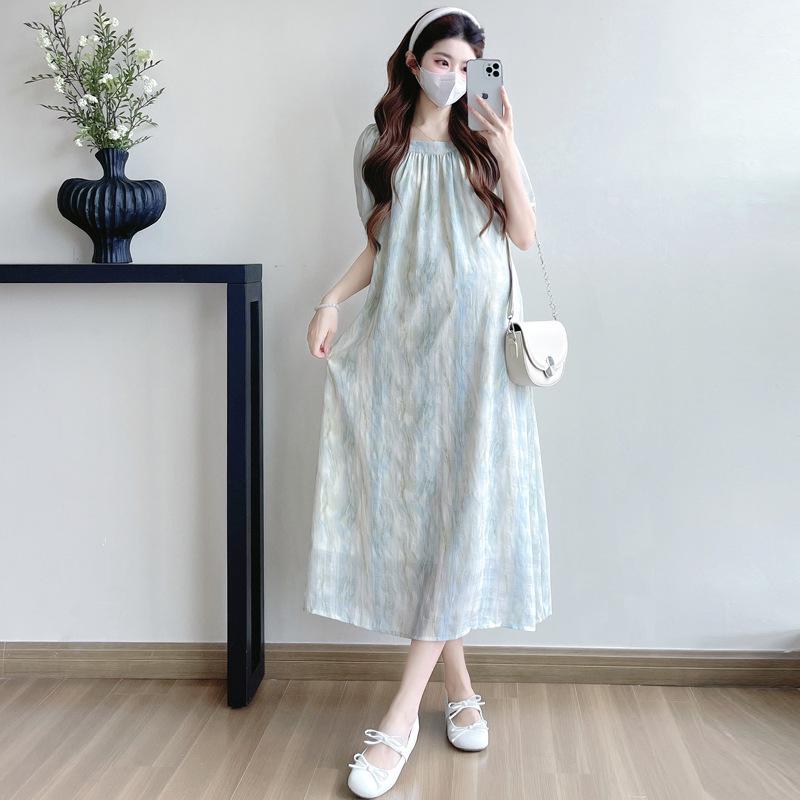 2026 Chic Summer Maternity Dress: Loose Tie-Dye V-Neck, Belly-Covering Long French Style L (Recommended 110-125 lbs)