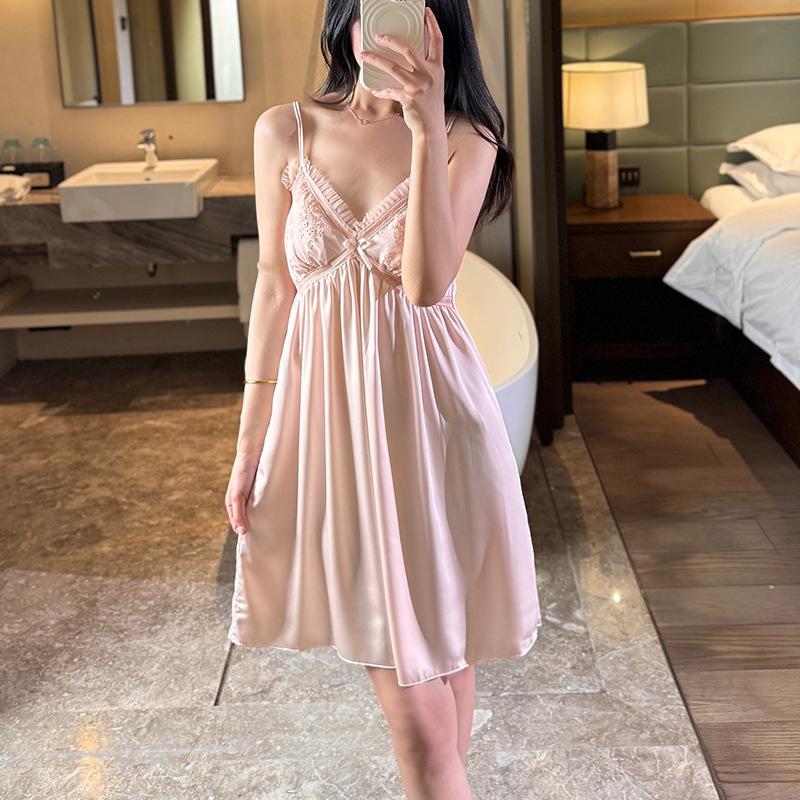 

Ice Silk Lace Camisole Nightgown Set with Chest Pads – Stylish & Sexy Women s Pajamas for Spring & Autumn, 2026 XL (115-130 lbs)