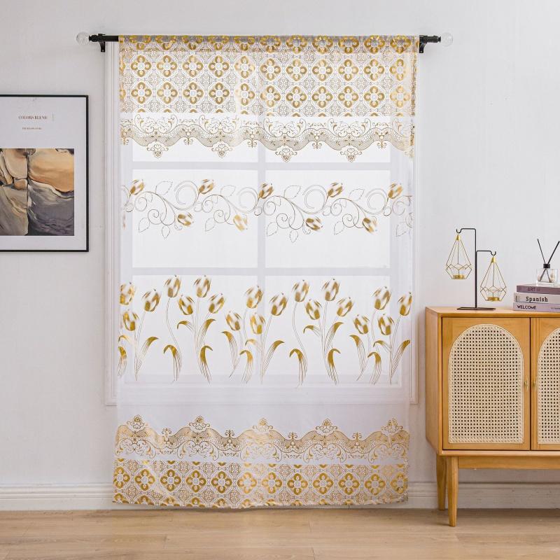 2pcs/set Tulip Gold Foil Sheer Curtains – Floral Semi-Blackout Window Curtains, Rod Pocket Home Decor