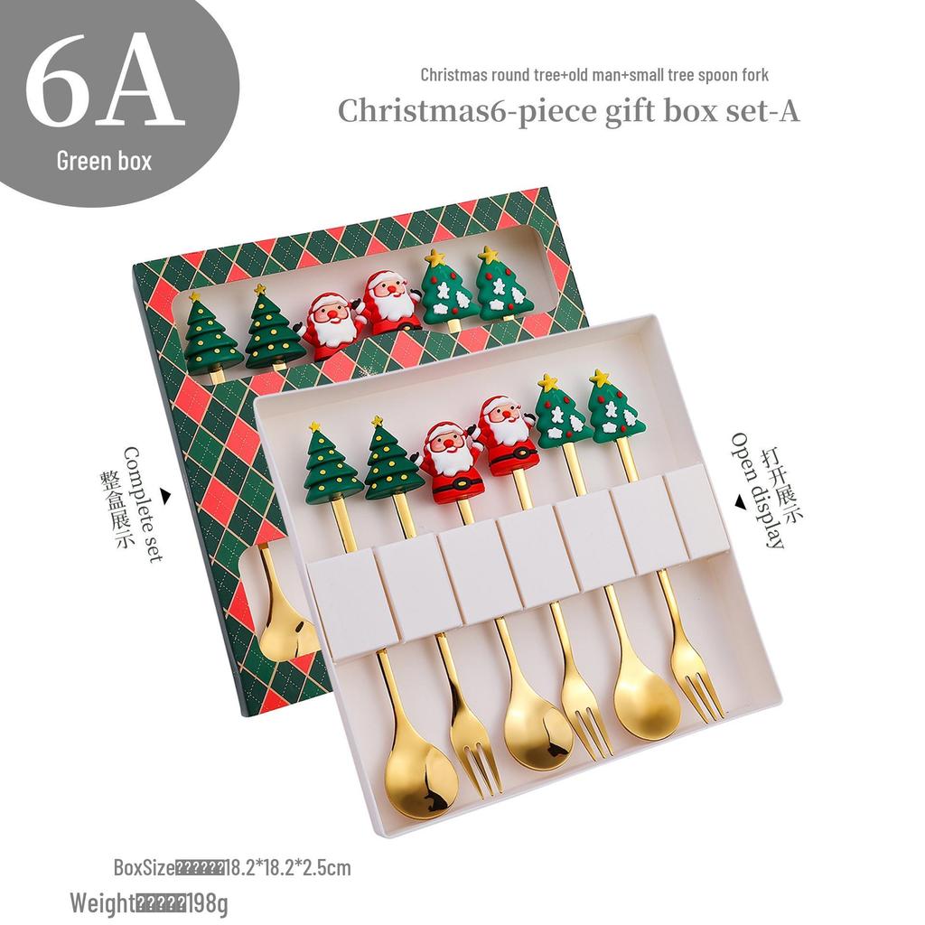 Cross-Border Christmas Stainless Steel Fork & Spoon Gift Set - Reindeer & Snowman Cartoon Pattern Dessert Gold Cutlery
