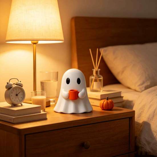 Whimsical Gnome Decor Ghost Drinking Coffee Figurine, Cute White Holding Orange Mug Statue, Spooky Charming Desktop Figurine Set Halloween Bar